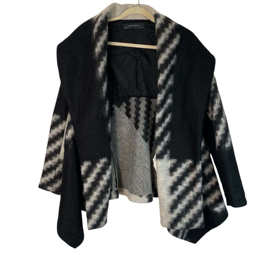 Zara Wool Blend Jacket Large Oversized Black White Open Drape Neutral